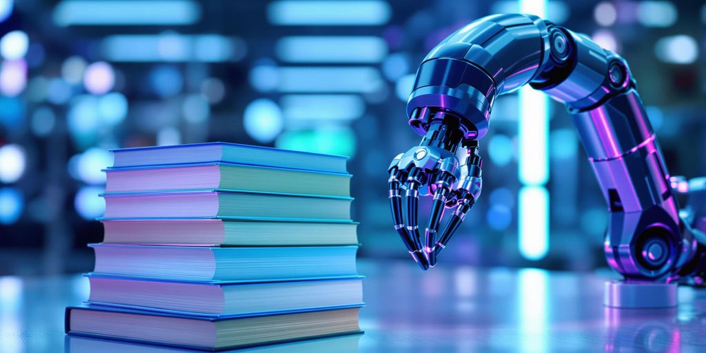 Stack of books with robotic arm in futuristic lighting